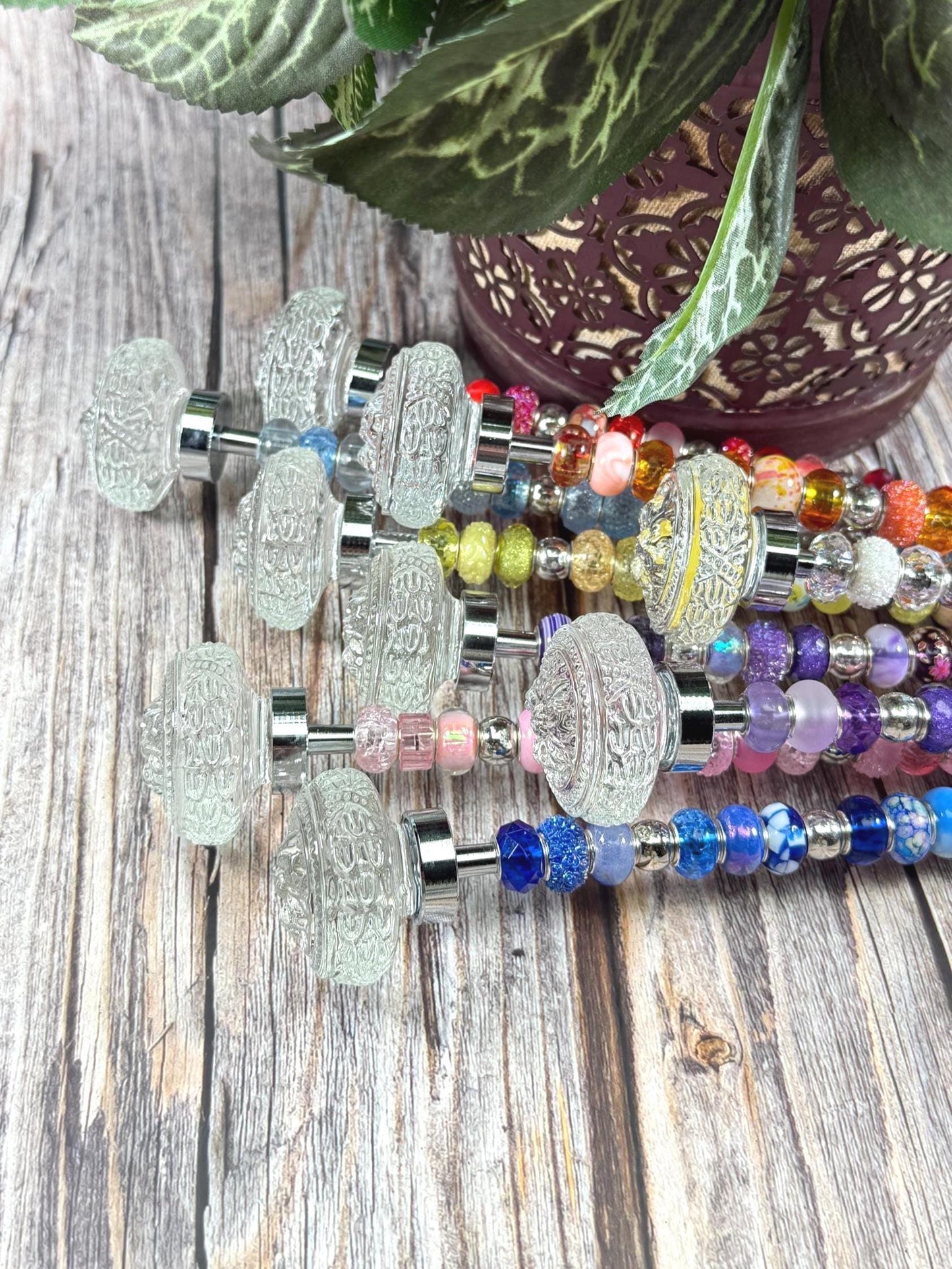 Fairy Garden Suncatcher Stakes – 15” Beaded Plant Decor with Clear Glass Saucer Topper