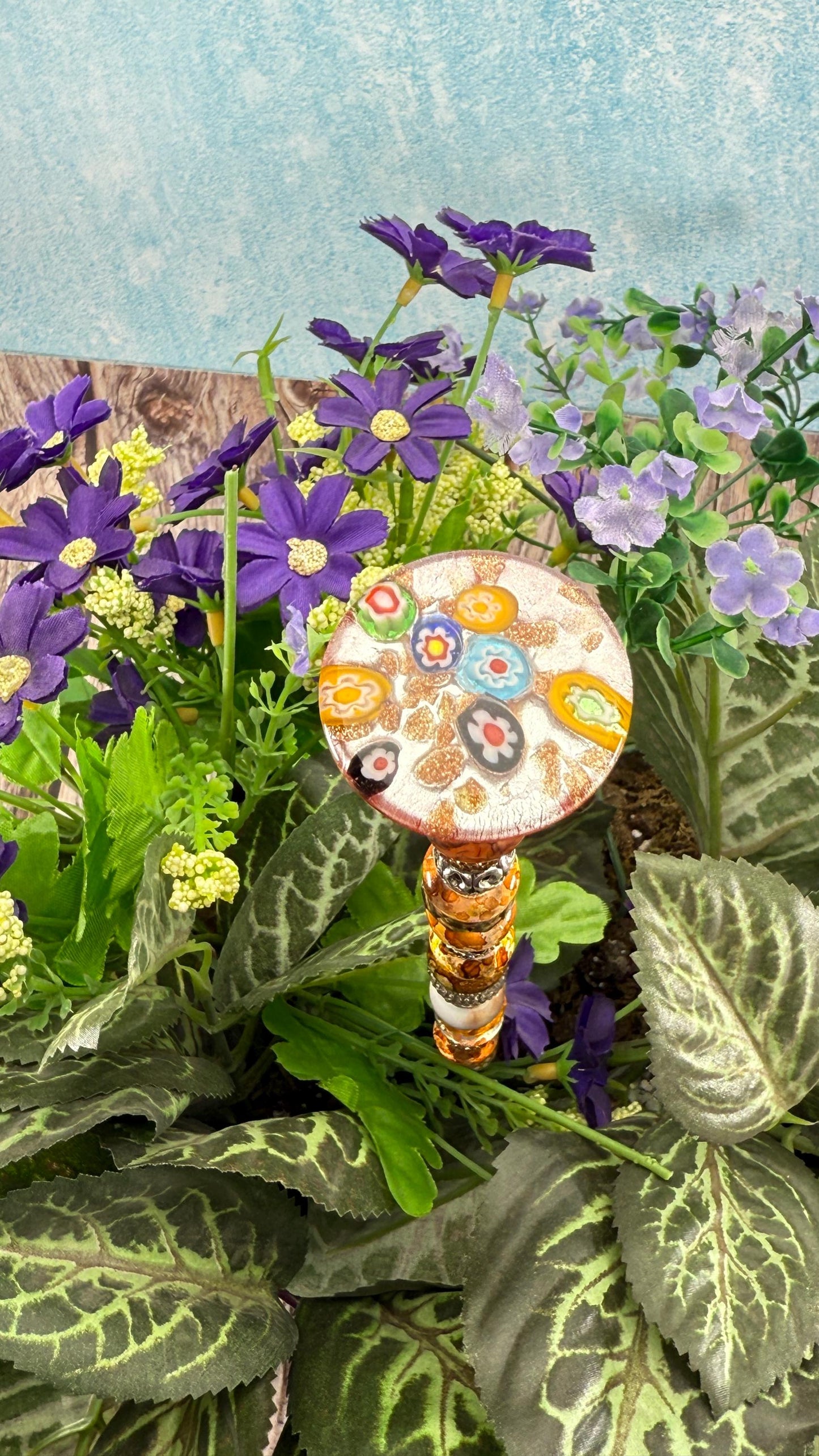Murano-Style Glass Garden Stake – Millefiori-Inspired Beaded Plant Decor | Sparkling Garden Art | Whimsical Handmade Gift for Gardeners