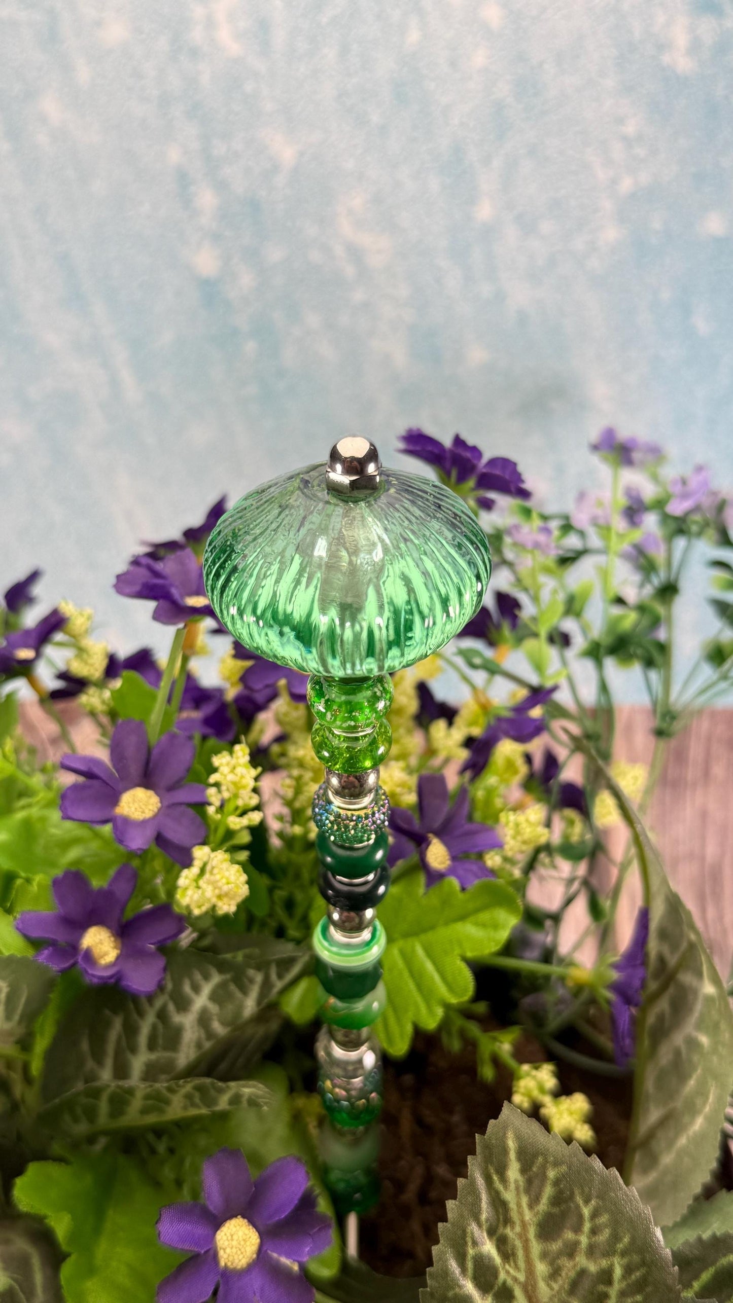 Whimsical Glass Garden Stakes – Beaded Garden Decor | Glass Topper Plant Stakes | Unique Garden Gift | Dragonfly Custom Accessories