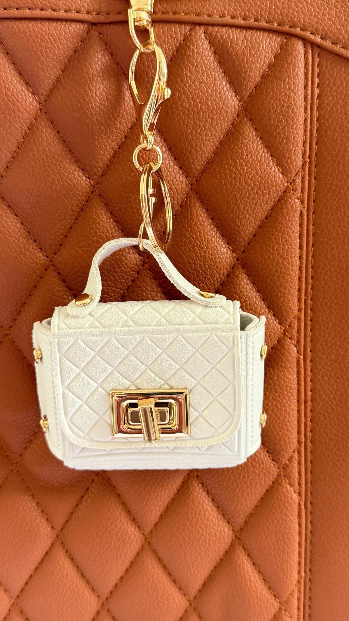 Mini Purse Charm – Quilted Vegan Leather Bag Keychain | 3" Faux Leather Purse Accessory for AirPods, Lip Balm or other Essentials