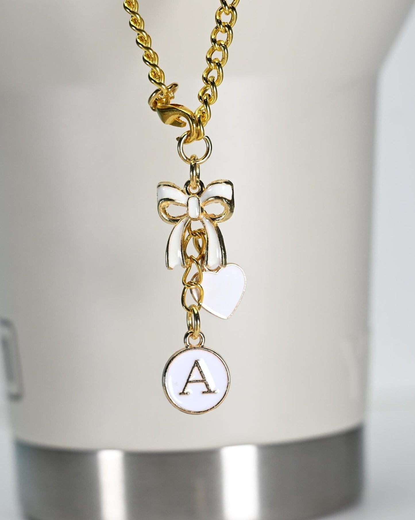 Monogram Initial Tumbler Charm: Gold Bow & Heart Bag Accessory