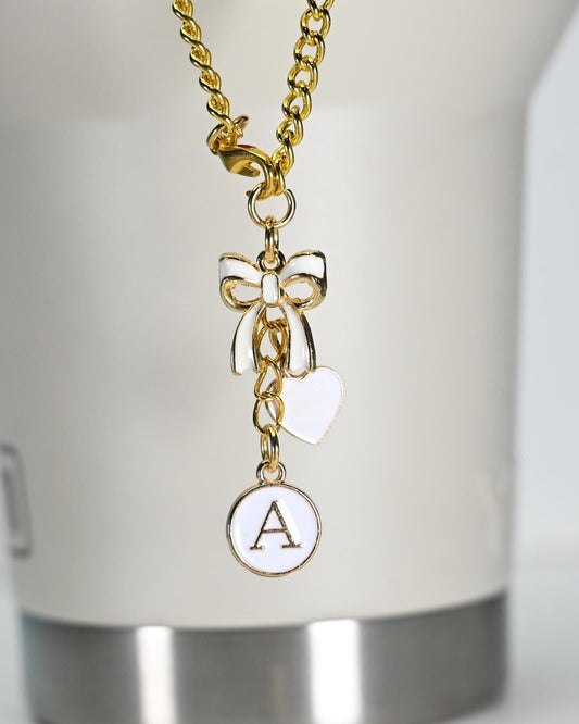 Monogram Initial Tumbler Charm: Gold Bow & Heart Bag Accessory