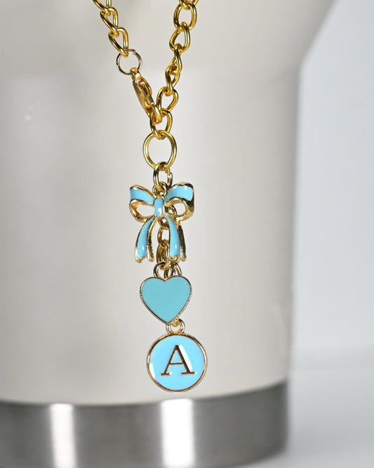 Monogram Initial Tumbler Charm: Gold Bow & Heart Bag Accessory