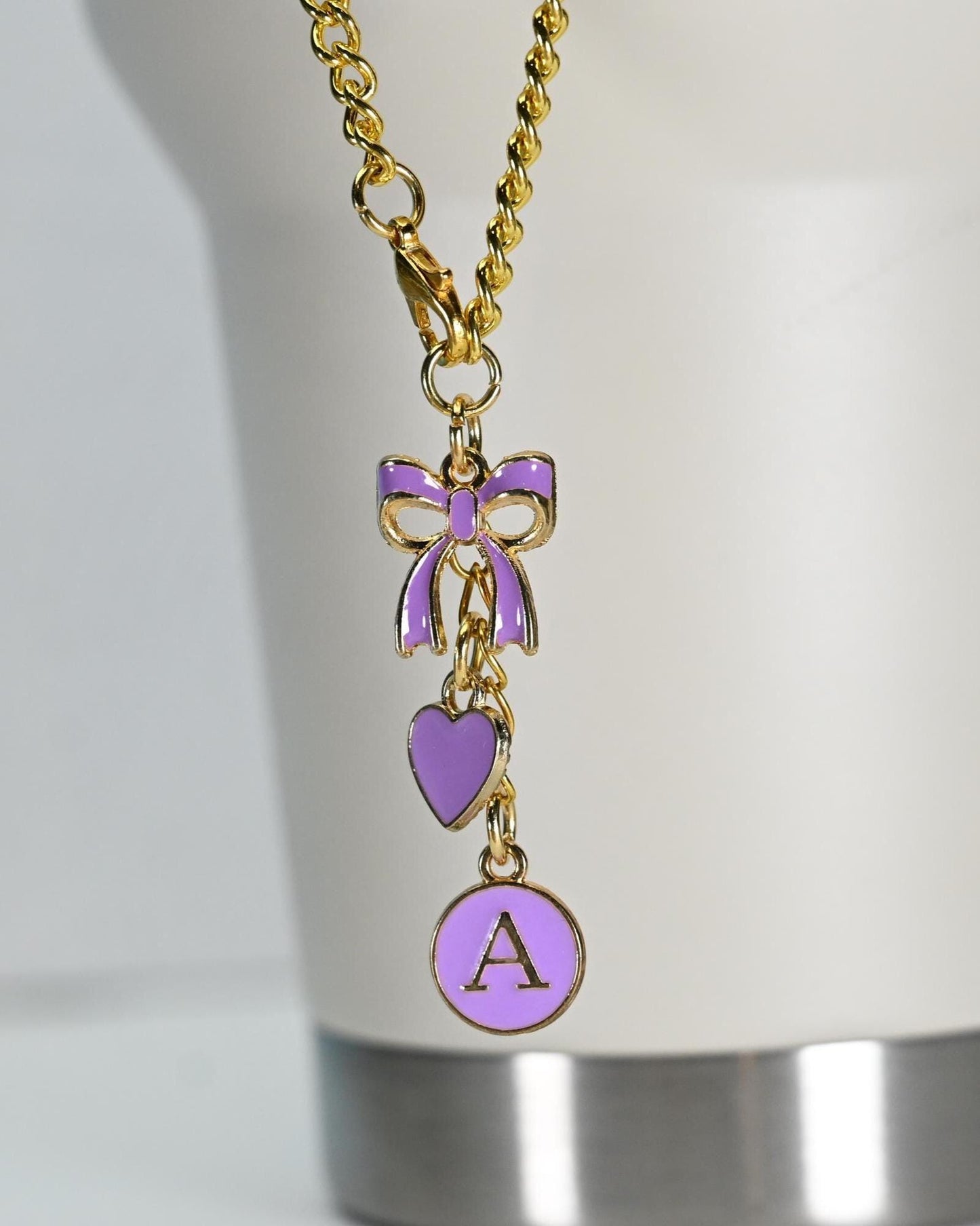 Monogram Initial Tumbler Charm: Gold Bow & Heart Bag Accessory