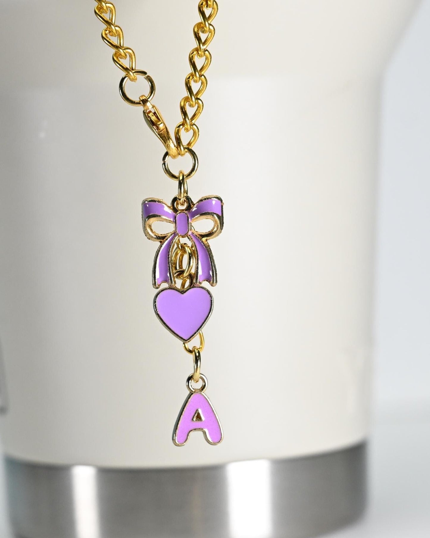 Monogram Initial Tumbler Charm: Gold Bow & Heart Bag Accessory