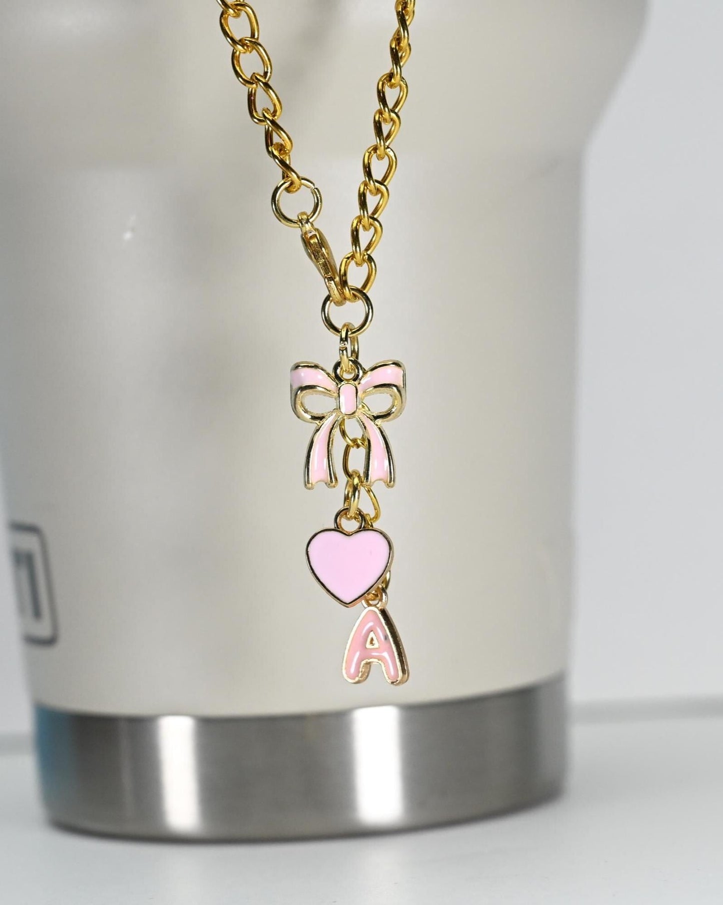 Monogram Initial Tumbler Charm: Gold Bow & Heart Bag Accessory