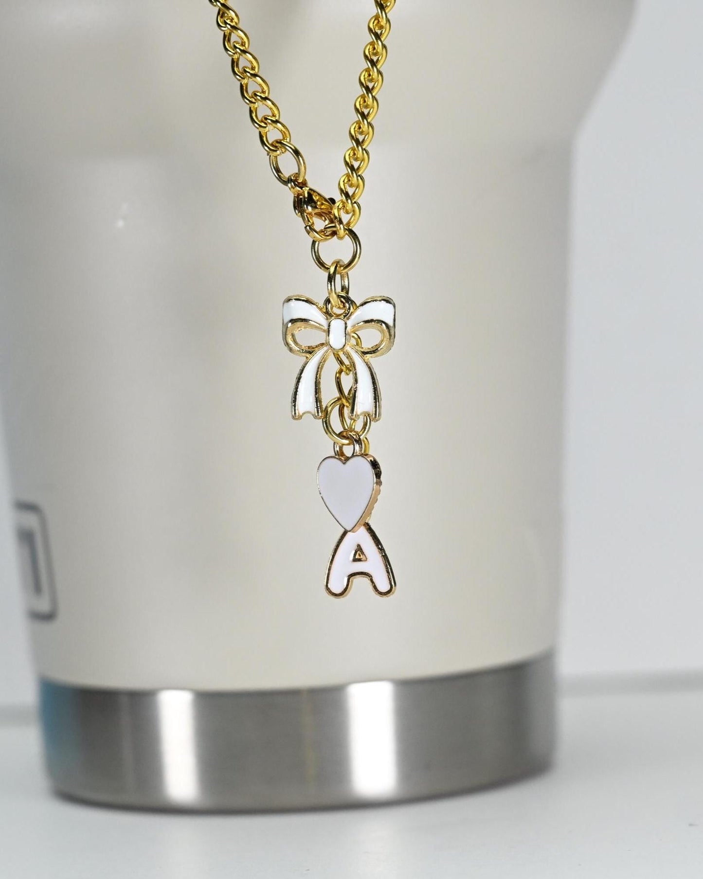 Monogram Initial Tumbler Charm: Gold Bow & Heart Bag Accessory