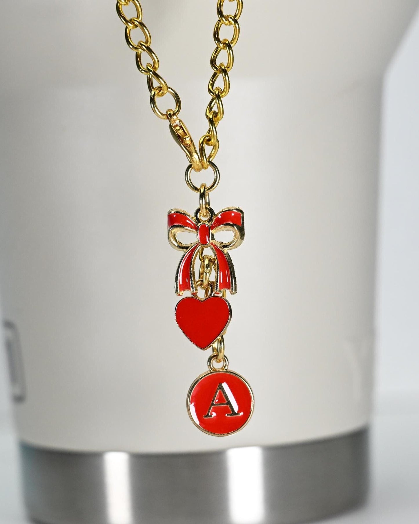 Monogram Initial Tumbler Charm: Gold Bow & Heart Bag Accessory