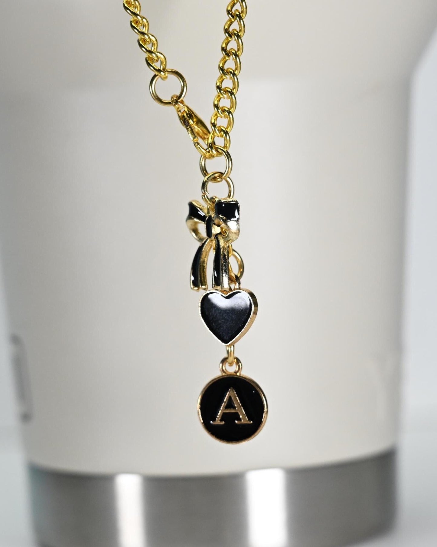 Monogram Initial Tumbler Charm: Gold Bow & Heart Bag Accessory