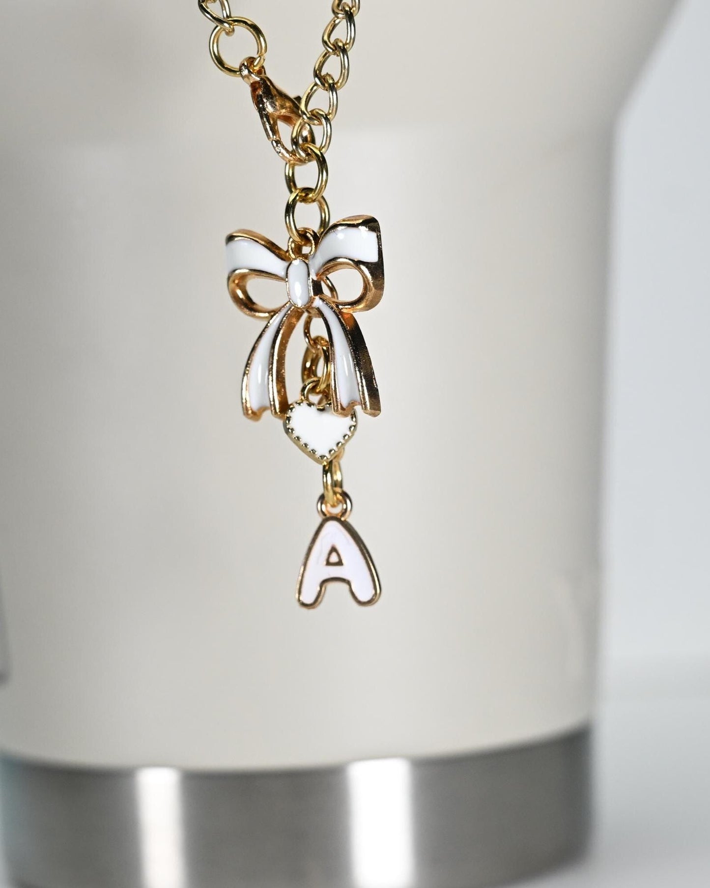 Monogram Initial Tumbler Charm: Gold Bow & Heart Bag Accessory