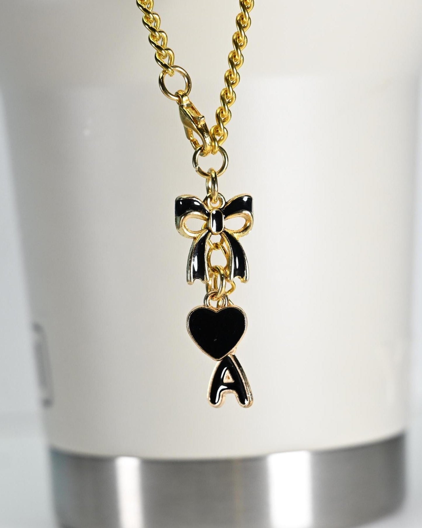 Monogram Initial Tumbler Charm: Gold Bow & Heart Bag Accessory