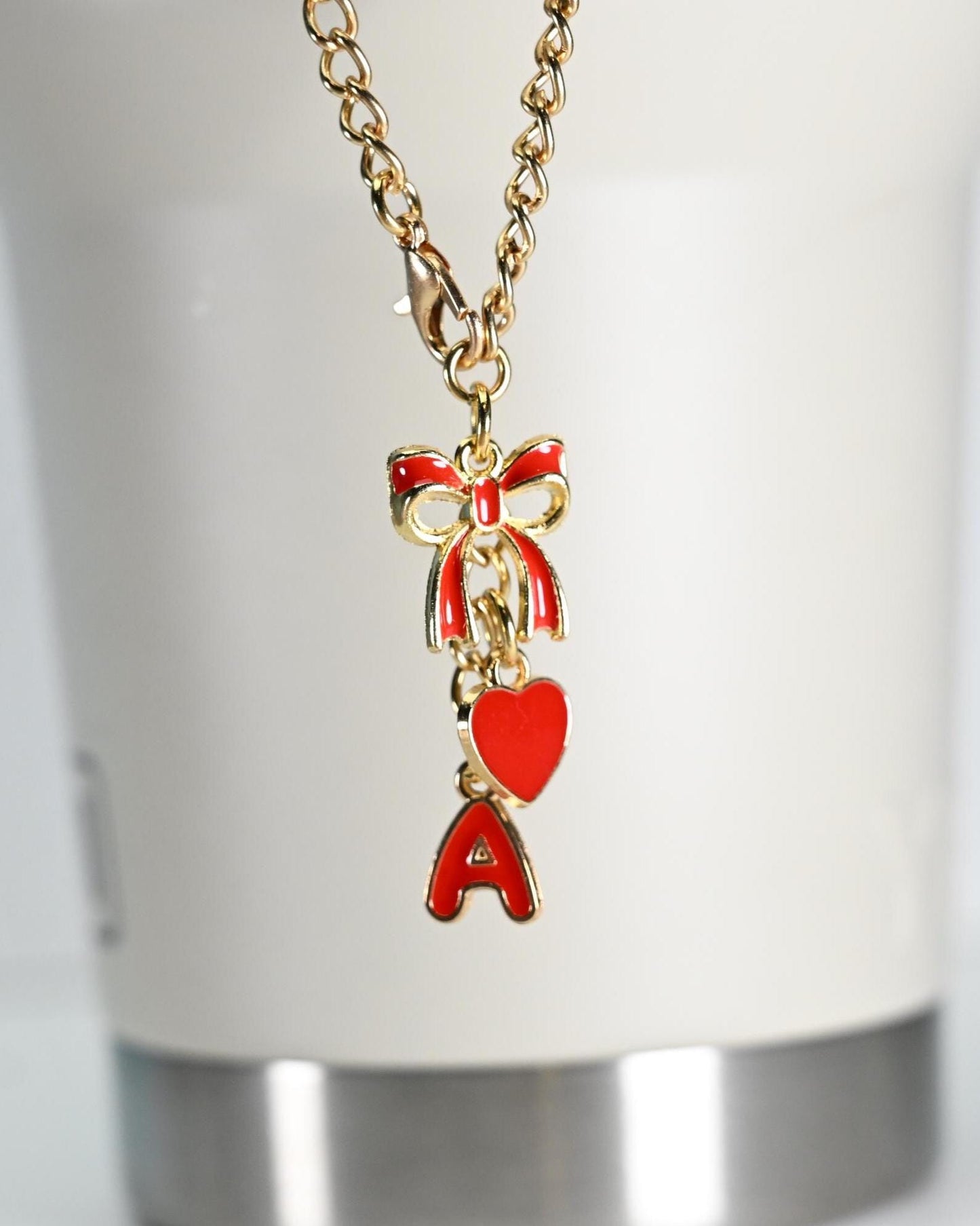Monogram Initial Tumbler Charm: Gold Bow & Heart Bag Accessory